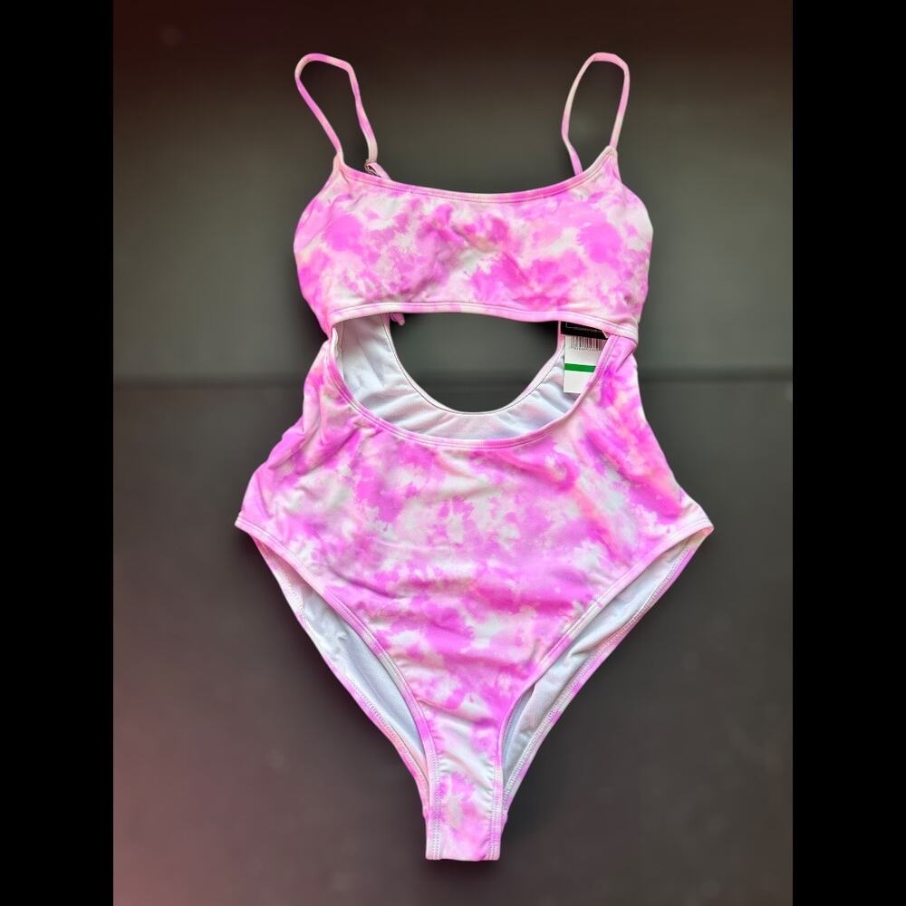 California Waves Peek-A-Poo Swimsuit Tie-Dye Pink + White Size Large NWT